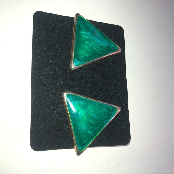 Vibrant Green and Silver Triangle Earrings - Picture 2 of 4